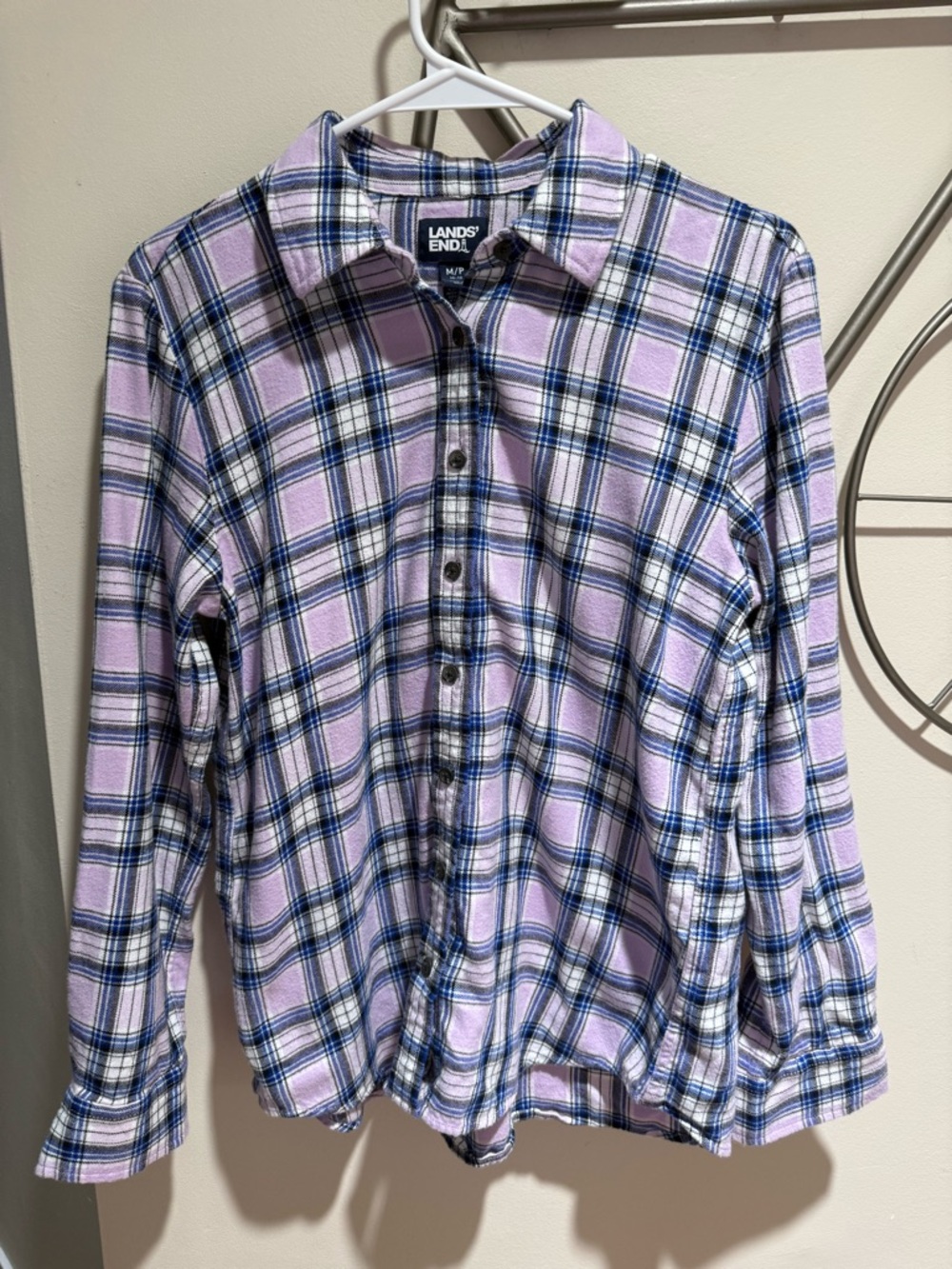 Lands' End Women’s Flannel Lavender Plaid Button-Front Shirt Size MP 100% Cotton